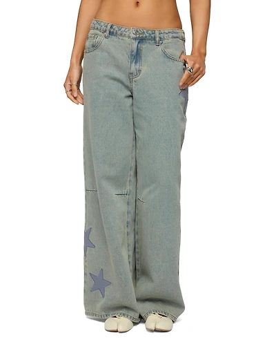 Edikted Women's Trish Satin Effect Stars Low Rise Jeans