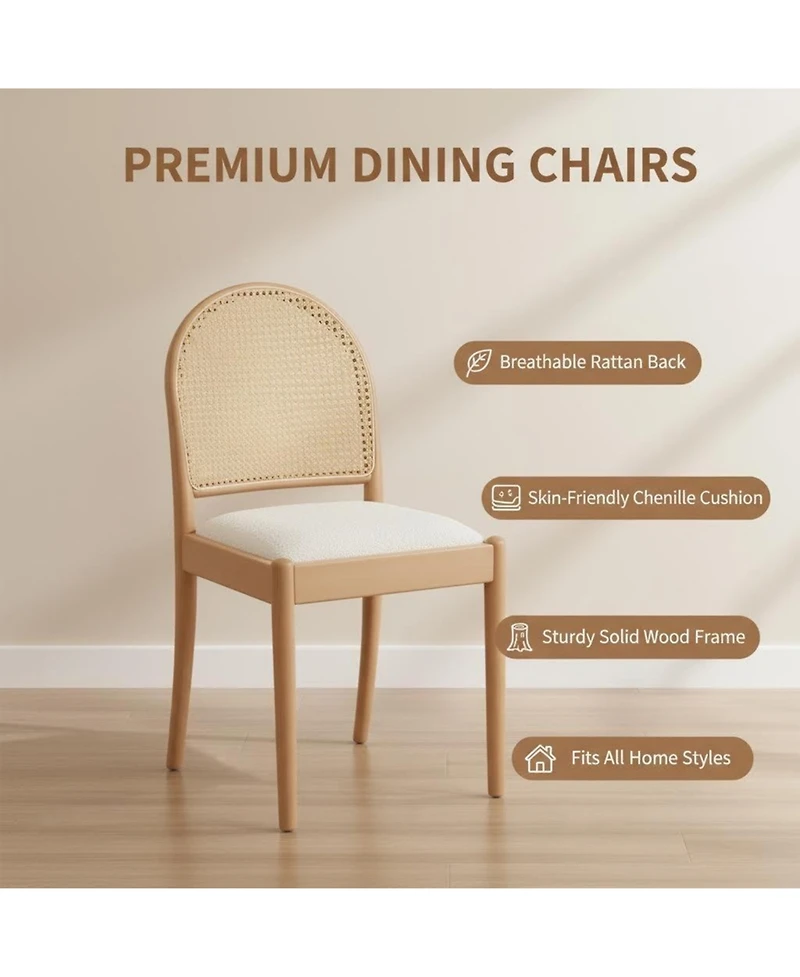Rainsken Rattan Dining Chairs Set of 2, Upholstered Teddy fabric Dining Room Chairs, Wood Frame, for Dining Room/Kitchen/Living Room