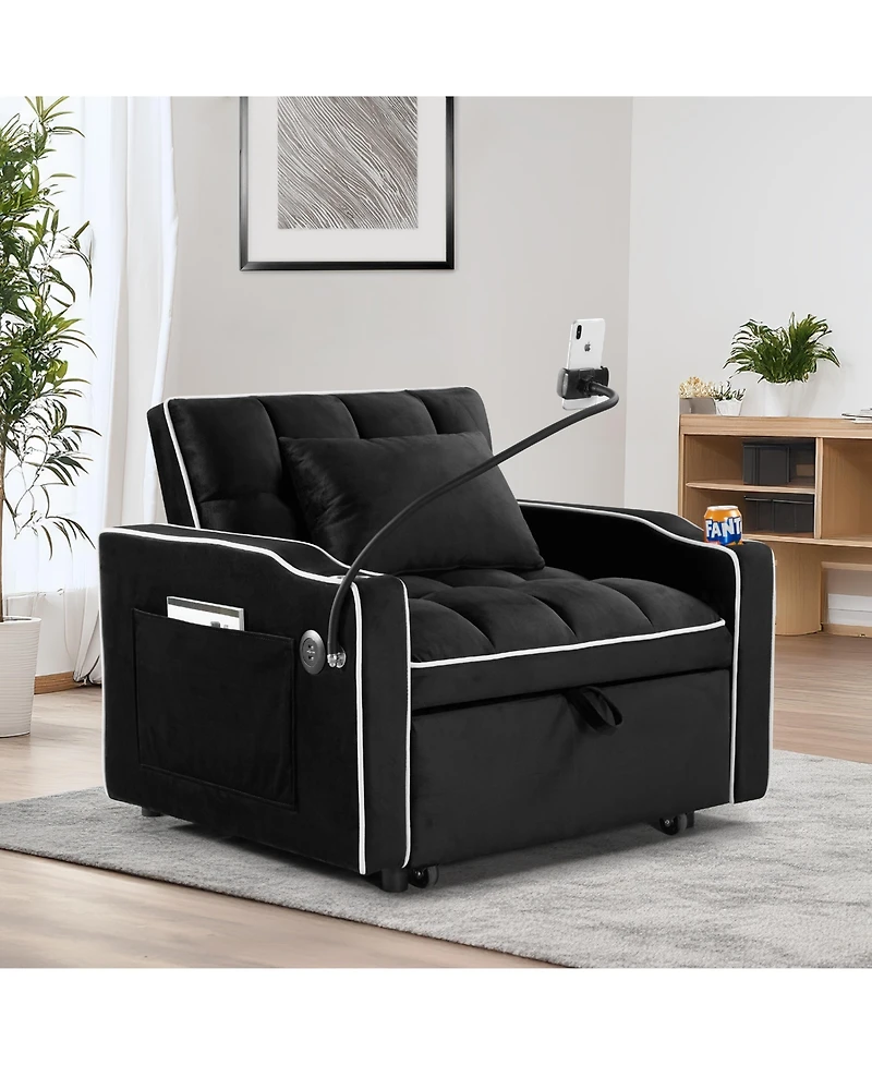 Clihome Convertible Sleeper Chair Sofa Bed Adjustable Pull Out Multi-Pockets Folding Bed,3-in-1