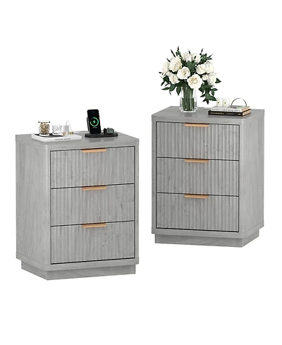 homfan Set of 2 Fluted Nightstands with Charging Station, 3-Drawer Bedside Tables Outlets and Usb Ports, Metal Handles