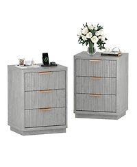 homfan Set of 2 Fluted Nightstands with Charging Station, 3-Drawer Bedside Tables Outlets and Usb Ports, Metal Handles