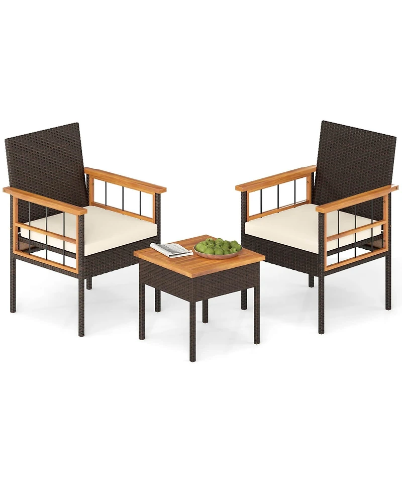 Costway 3 Pcs Wicker Furniture Set with Acacia Wood Tabletop Armrests Cushions for Backyard