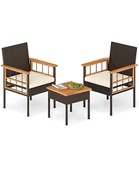Costway 3 Pcs Wicker Furniture Set with Acacia Wood Tabletop Armrests Cushions for Backyard