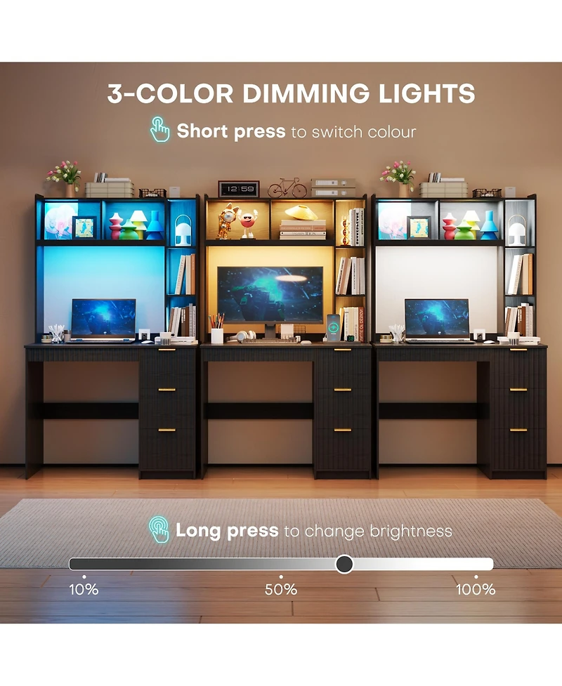 Vlsrka Computer Desk With Bookshelves And Led Lighting