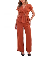 Cupshe Women's Elegant V-Neck Belted Peplum Top and Wide Leg Pants Two-Piece Set