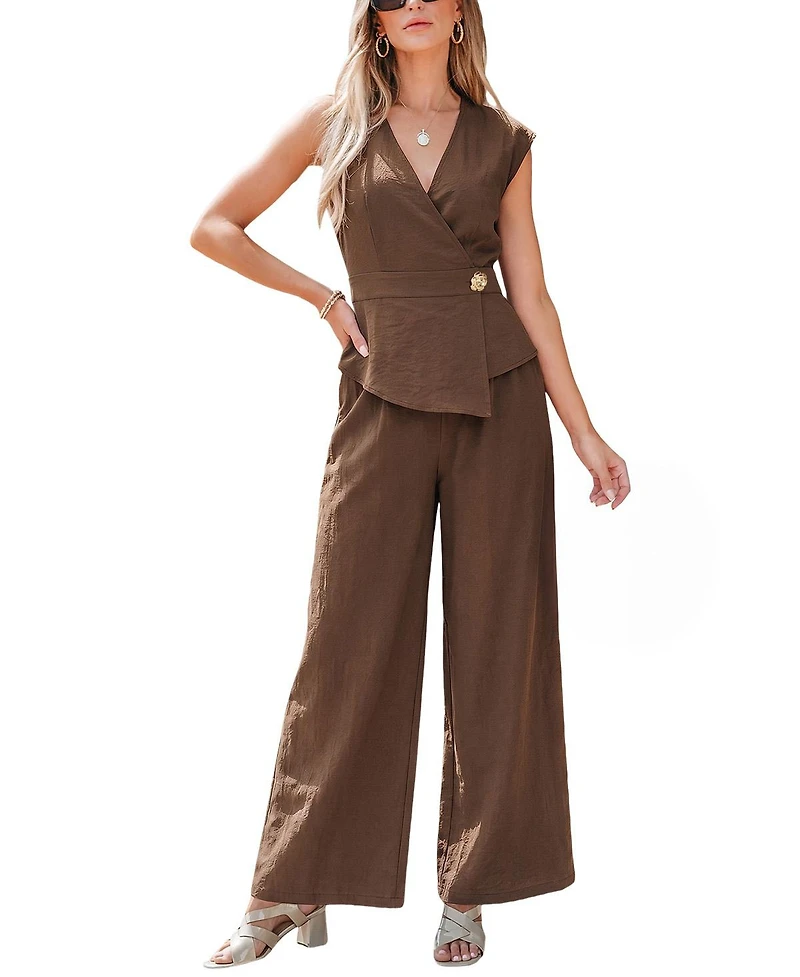Cupshe Women's Wrap V-Neck Sleeveless Top and Wide-Leg Pants Matching Set