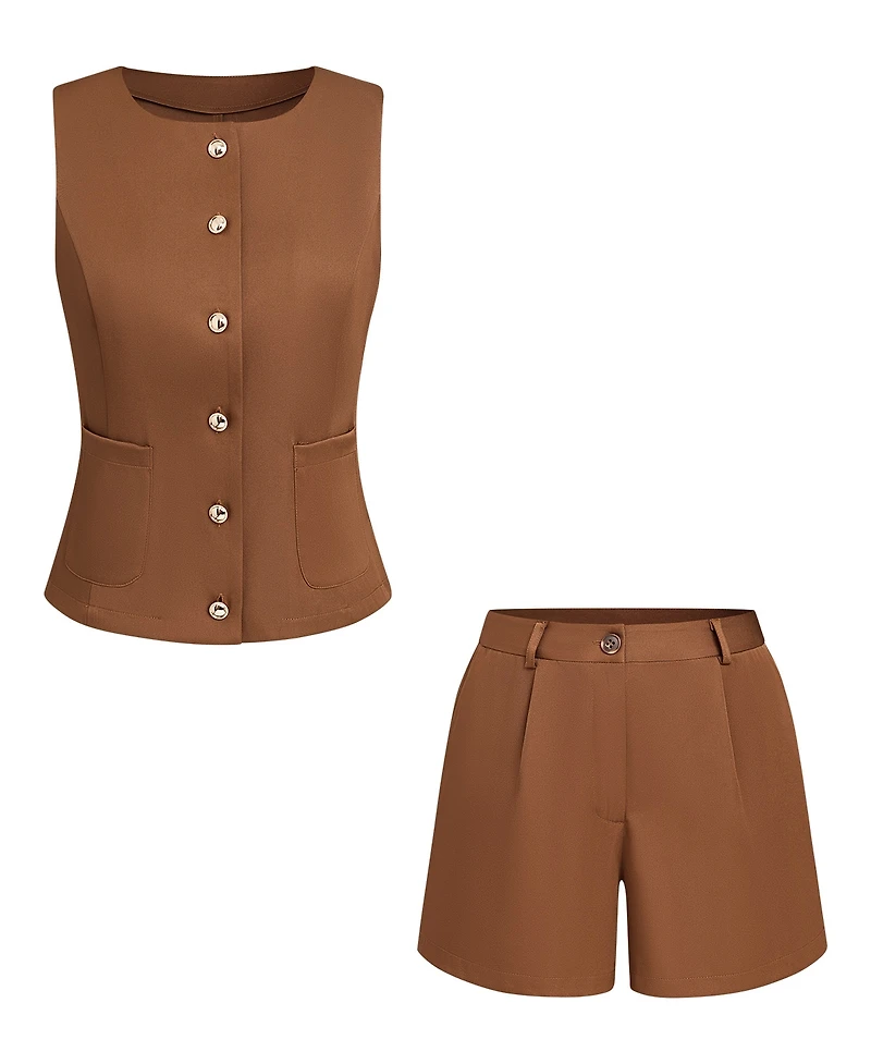 Cupshe Women's Button-Down Sleeveless Vest Top and High-Waisted Shorts Outfits