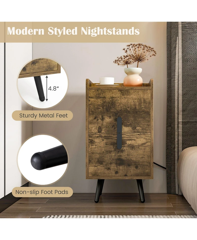 Gymax Set of 2 Nightstand w/ Charging Station Home Bedside Sofa Side Tables Drawers Cafe