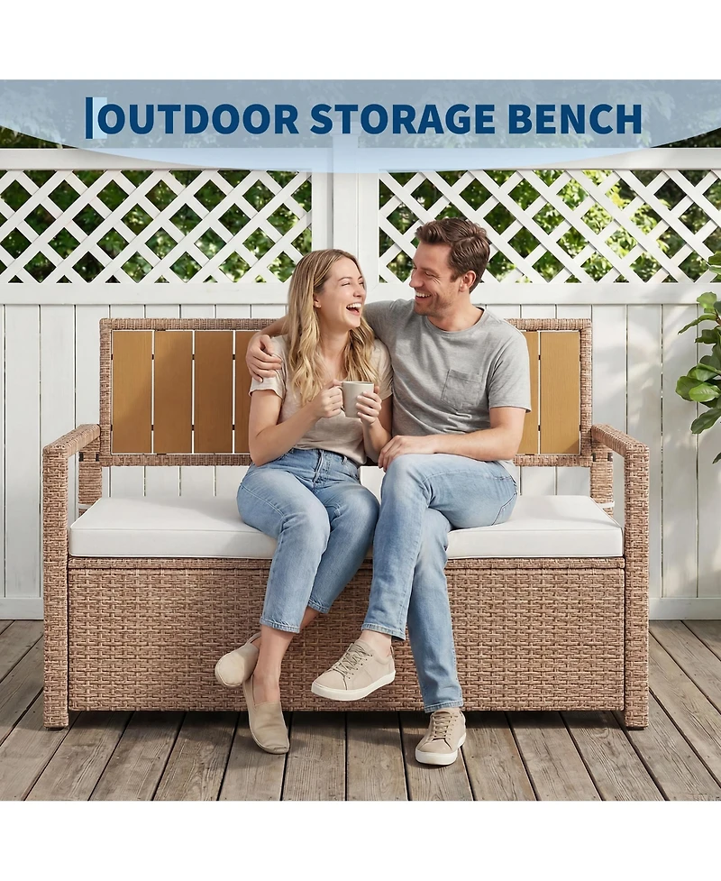 gaomon Outdoor Storage Bench with Cushion, 2-Person All-Weather Pe Rattan Patio Bench with Backrest and Armrests