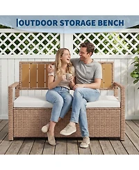 gaomon Outdoor Storage Bench with Cushion, 2-Person All-Weather Pe Rattan Patio Bench with Backrest and Armrests