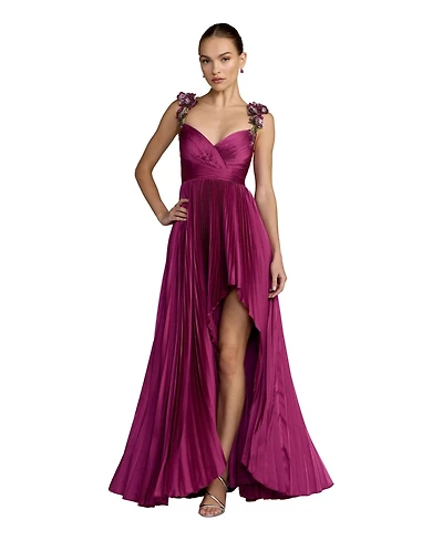 Mac Duggal Petite Pleated High-Low Gown with Floral Straps