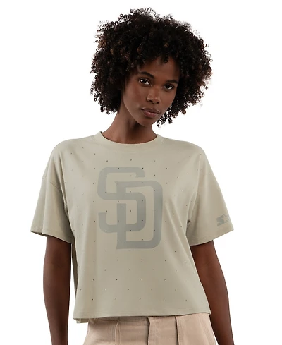 Starter Women's Khaki San Diego Padres Rhinestone Sprinkle Boxy Cropped T-Shirt