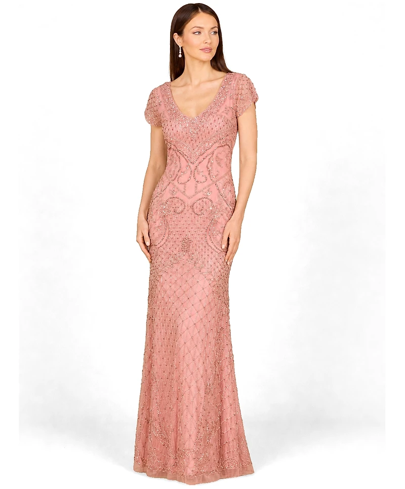 Lara Women's Beaded Cap Sleeve Gown With V-Neckline