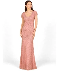 Lara Women's Beaded Cap Sleeve Gown With V-Neckline