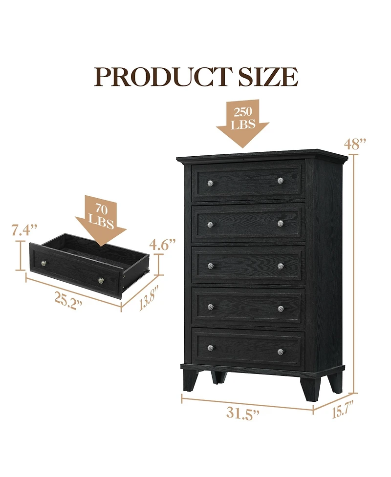 homfan 5-Drawer Tall Wooden Dresser with Anti-Tip Device and Metal Handles for Bedroom, Closet, Hallway, or Living Room