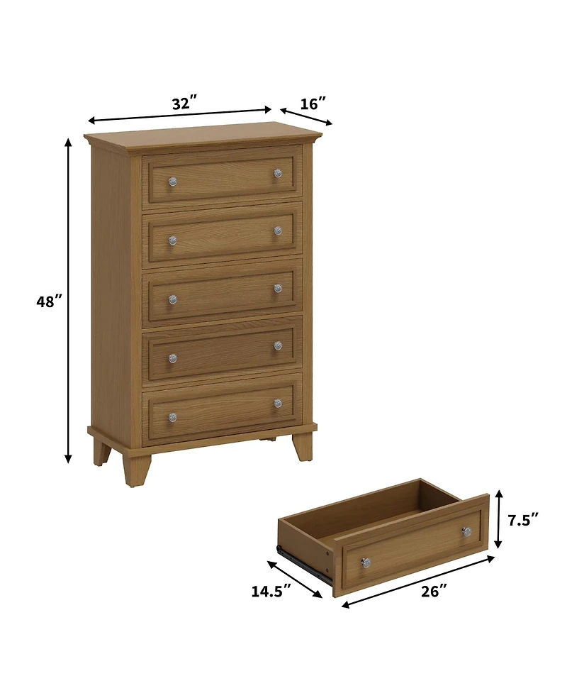homfan 5-Drawer Tall Wooden Dresser with Anti-Tip Device and Metal Handles for Bedroom, Closet, Hallway, or Living Room