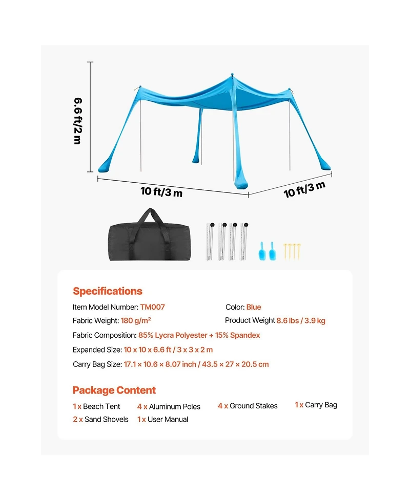 Cozito Beach Tent Sun Shelter 10 x 10 feet with 4 Sandbags and Stability Poles