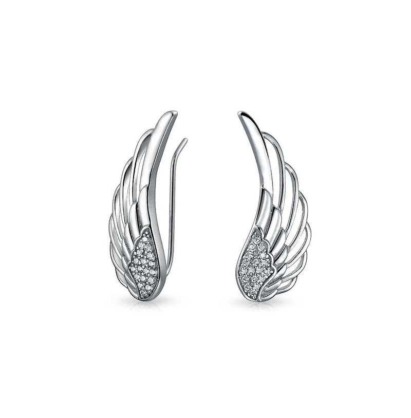 Bling Jewelry Spiritual Guardian Angel Wing Ear Pin Crawler Climber Earrings Pave Cz Accent .925 Sterling Silver
