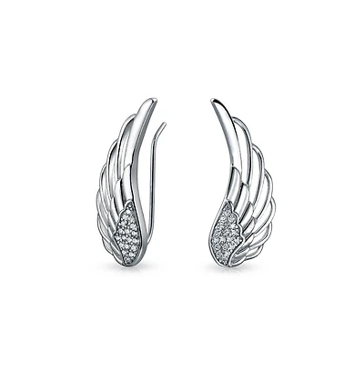 Bling Jewelry Spiritual Guardian Angel Wing Ear Pin Crawler Climber Earrings Pave Cz Accent .925 Sterling Silver