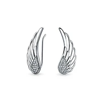 Bling Jewelry Spiritual Guardian Angel Wing Ear Pin Crawler Climber Earrings Pave Cz Accent .925 Sterling Silver