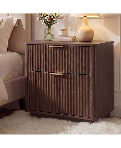 gaomon Wave-patterned double-drawer bedside table with charging station, medieval style, curved silhouette, walnut color, suitable for bedroom