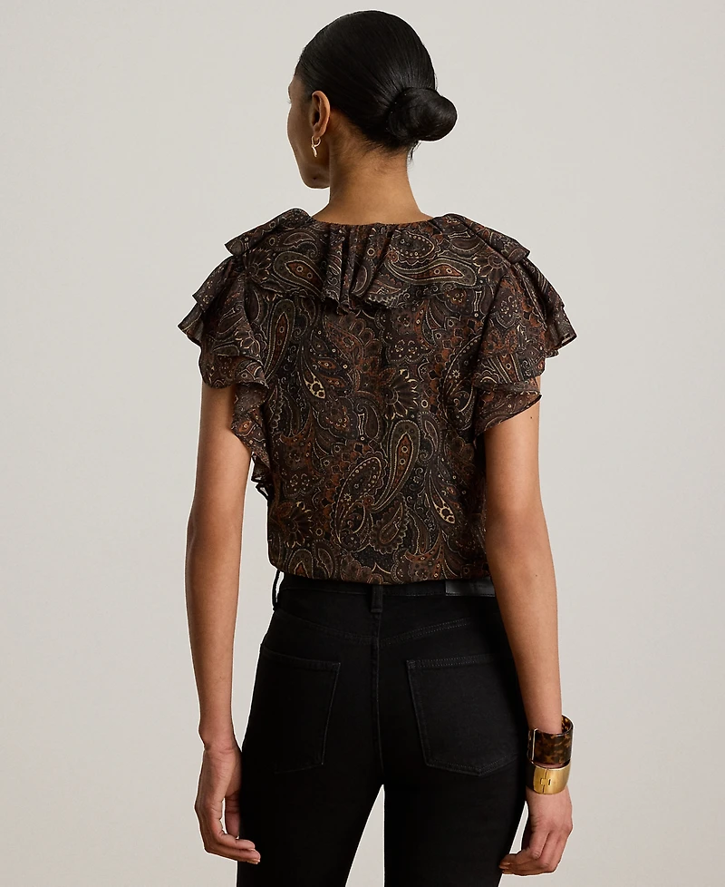 Lauren Ralph Petite Paisley Print V-Neck Georgette Blouse