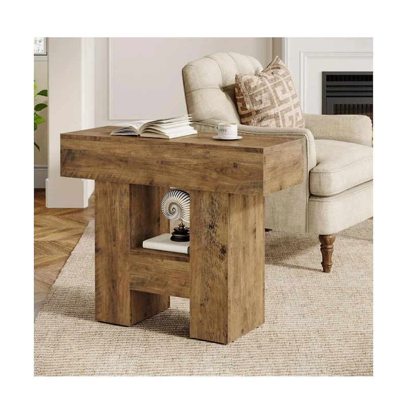Slickblue 31.5 Inch Farmhouse End Table with 2 Tier Storage Shelf