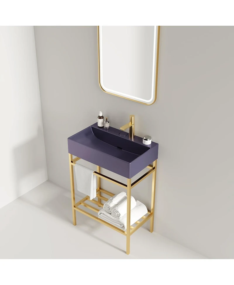 Sillysis Bathroom Vanity with Ceramic Integrated Sink, Metal Storage Shelf, Modern Freestanding Cabinet for Small Spaces