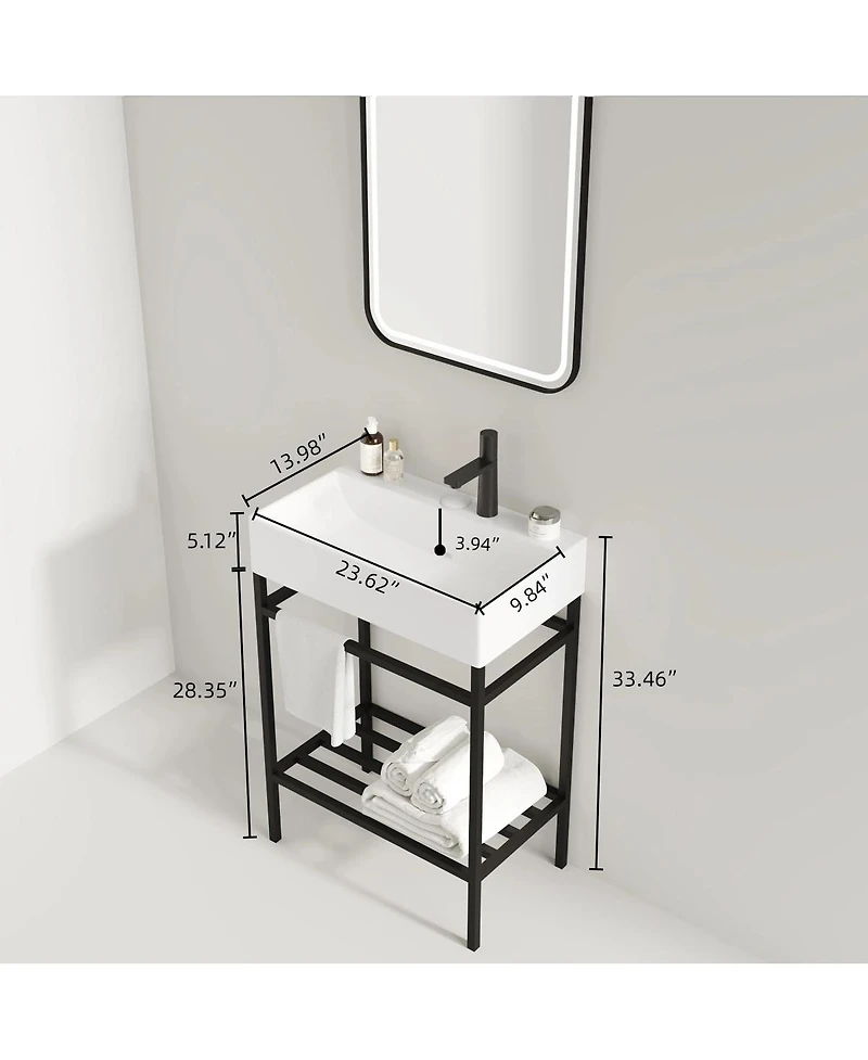 Sillysis Bathroom Vanity with Ceramic Integrated Sink, Metal Storage Shelf, Modern Freestanding Cabinet for Small Spaces