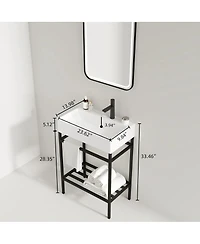 Sillysis Bathroom Vanity with Ceramic Integrated Sink, Metal Storage Shelf, Modern Freestanding Cabinet for Small Spaces