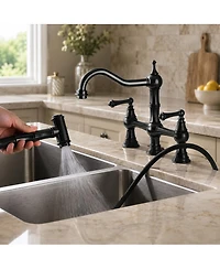 Phying Bridge Dual Handles Kitchen Faucet Modern High Arc Sink Faucet with Flexible Pull Out Side Spray for Home Kitchen Utility Sink