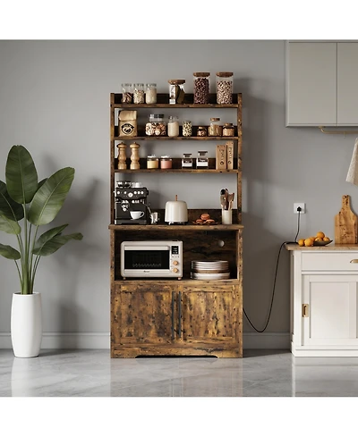 homfan Tall 3-in-1 Bakers Rack Microwave Stand, Engineered Wood Coffee Bar with Charging Station and Multi-Storage, Easy Assembly