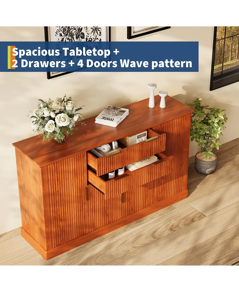 homfan Modern Fluted Sideboard Buffet Cabinet, 4 Doors and 2 Drawers, Adjustable Shelf, Storage Credenza for Dining Room or Living Room