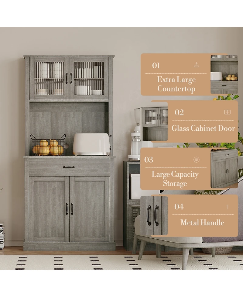 homfan Kitchen Pantry Cabinet with Microwave Stand - Buffet Storage, Glass Doors and Shelves, Appliance Organizer for Dining Room Coffee Bar