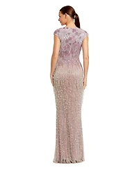 Mac Duggal Women's Fringe Beaded Mesh Short Sleeve Evening Gown