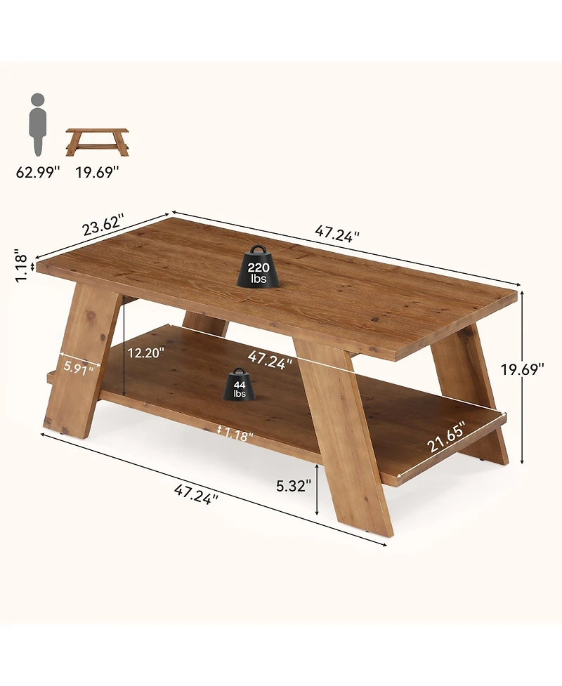 Tribesigns 47-Inch Solid Wood Coffee Table for Living Room, 2-Tier Rectangle Center Table with Storage Shelf