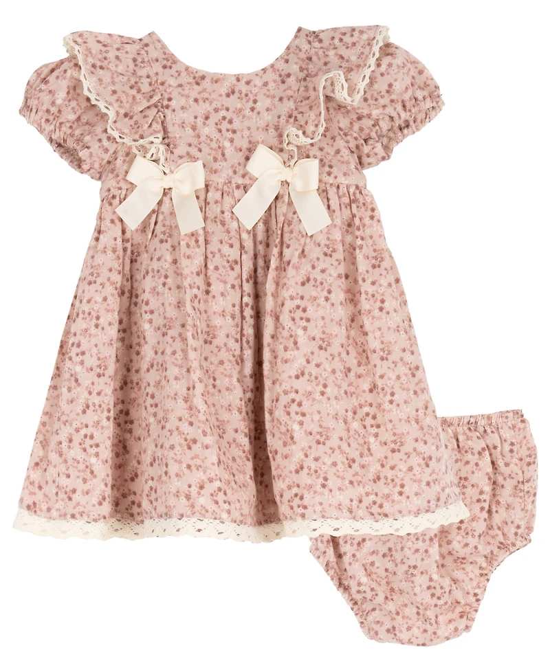 Rare Editions Baby Girls' Printed Cotton Voile Puff Sleeve Dress and Diaper Cover, 2-Piece Set