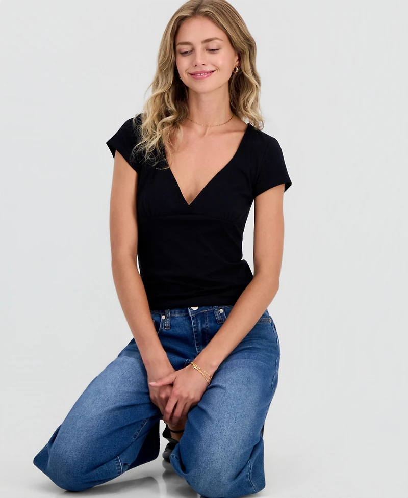 Hippie Rose Juniors' Cap-Sleeve Surplice-Neck Top