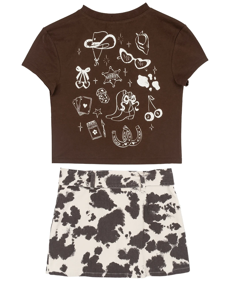 Tween Diva Girls' 7-16 Graphic T-Shirt and Cow Printed Twill Skort, 2-Piece Set