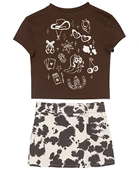 Tween Diva Girls' 7-16 Graphic T-Shirt and Cow Printed Twill Skort, 2-Piece Set