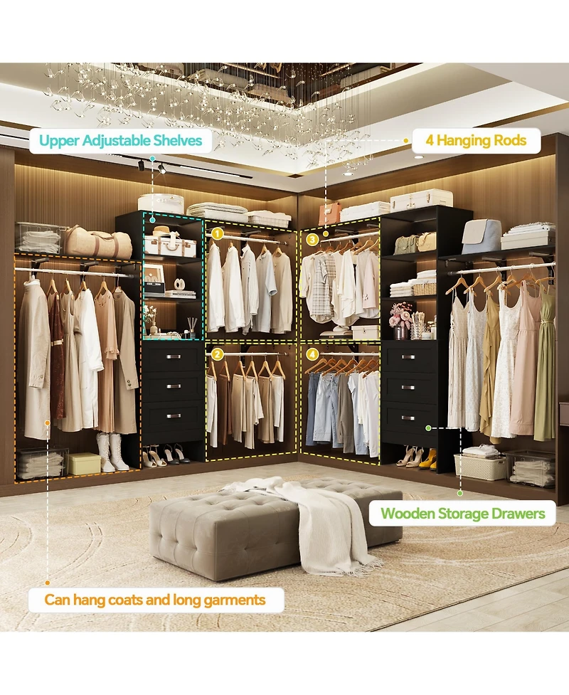 Aheaplus Closet Organizer System with Hanging Rods and Shelves, Wardrobe Drawers