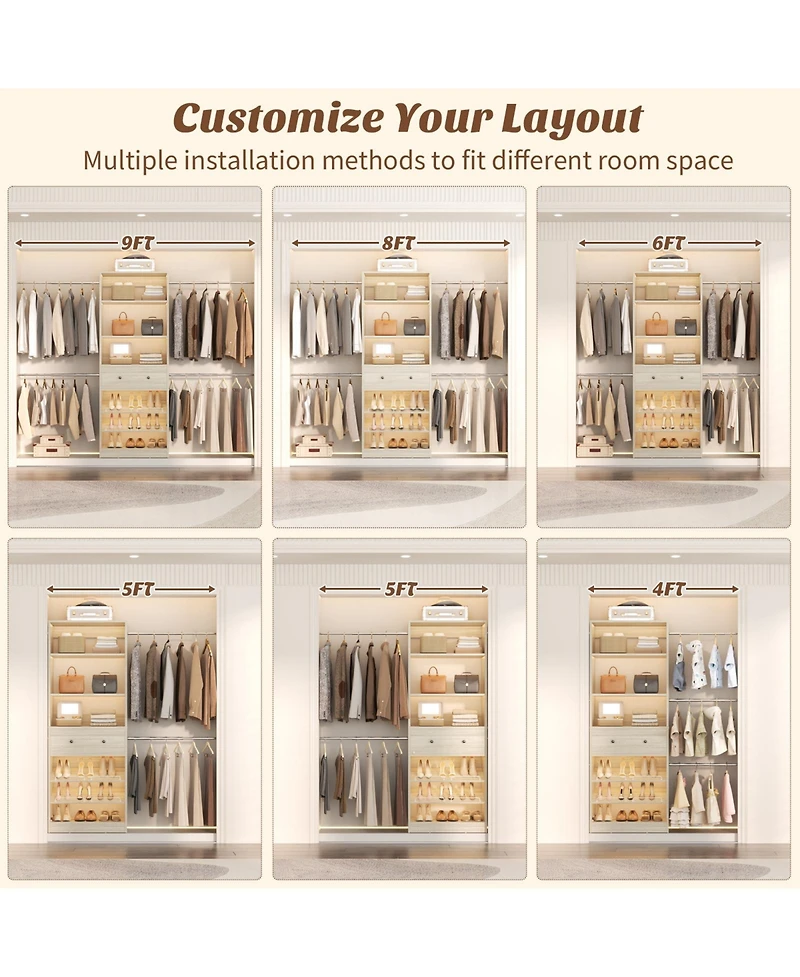 Aheaplus Wood Closet Organizer System with Drawer and 4 Hanging Rods, Heavy Duty Walk-in