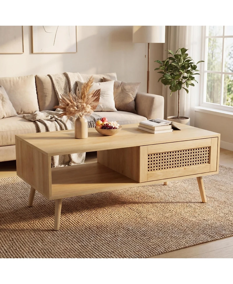homfan Rattan Coffee Table with Storage, Farmhouse Boho Center Sofa Table with Sliding Door and Open Shelf for Living Room, Bedroom