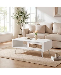homfan Rattan Coffee Table with Storage, Farmhouse Boho Center Sofa Table with Sliding Door and Open Shelf for Living Room, Bedroom