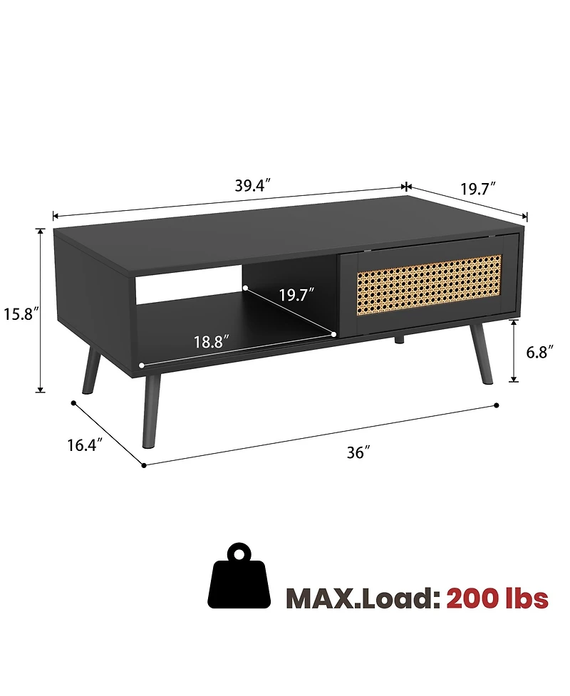 homfan Rattan Coffee Table with Storage, Farmhouse Boho Center Sofa Sliding Door and Open Shelf for Living Room, Bedroom