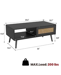 homfan Rattan Coffee Table with Storage, Farmhouse Boho Center Sofa Sliding Door and Open Shelf for Living Room, Bedroom