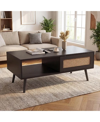 homfan Rattan Coffee Table with Storage, Farmhouse Boho Center Sofa Sliding Door and Open Shelf for Living Room, Bedroom