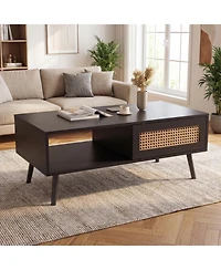 homfan Rattan Coffee Table with Storage, Farmhouse Boho Center Sofa Sliding Door and Open Shelf for Living Room, Bedroom