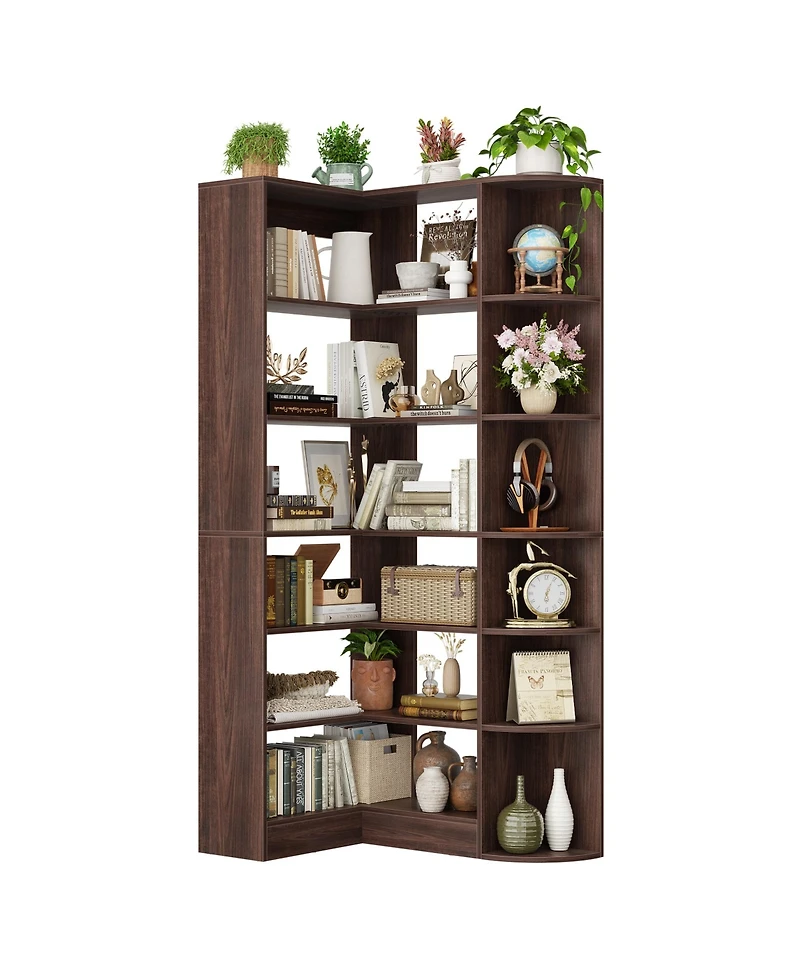 Aheaplus 71" Tall 6-Tiers Corner Bookshelf with Open Storage, Wooden Display Shelves for Bedroom