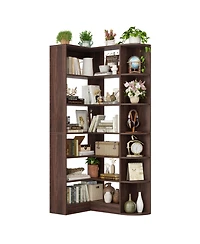 Aheaplus 71" Tall 6-Tiers Corner Bookshelf with Open Storage, Wooden Display Shelves for Bedroom